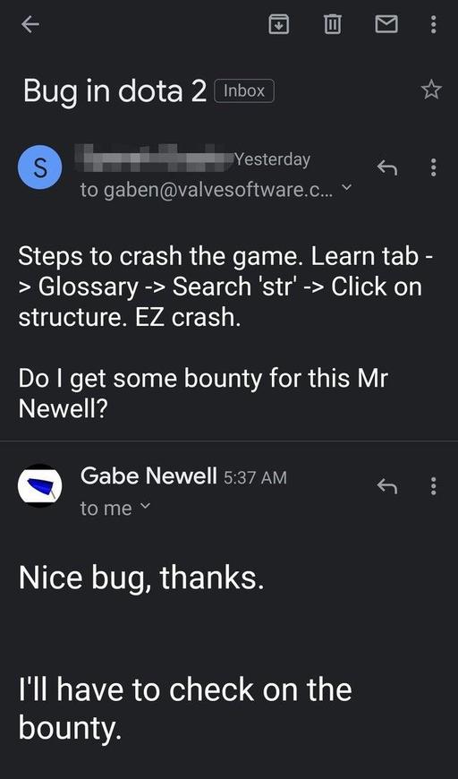 DOTA2 国外网友发现并报告bug G胖回信并承诺奖励