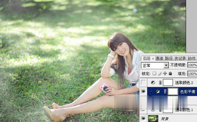 photoshop为绿草中的美女加上梦幻的青蓝色教程