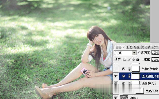 photoshop为绿草中的美女加上梦幻的青蓝色教程