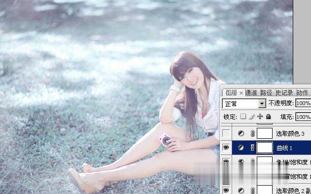 photoshop为绿草中的美女加上梦幻的青蓝色教程