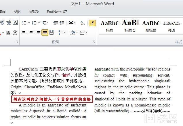 Word2010如何在两栏排版的文字中插入一个横穿双栏的表格