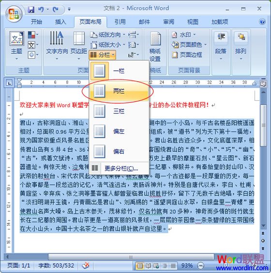 Word2007设置分栏效果不求人！