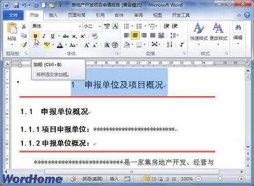 在Word2010文档中设置字体加粗和倾斜