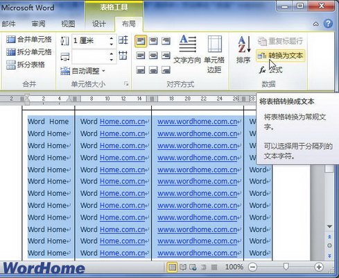 在Word2010文档中将表格转换为文本