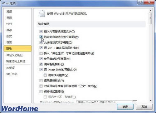 Word2010启用选定时自动选定整个单词功能