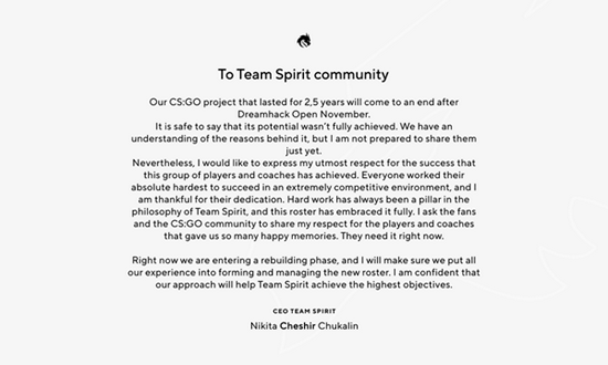 CSGO 寻求改变 Spirit解散旗下CS阵容并着手重建