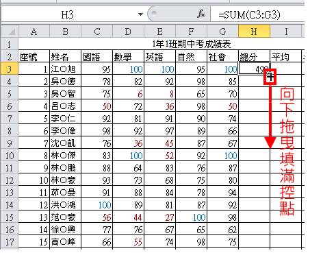 Excel 2010计算成绩的总分和平均