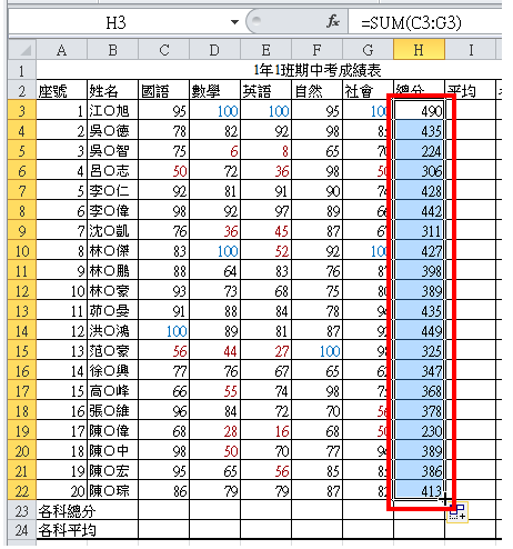 Excel 2010计算成绩的总分和平均