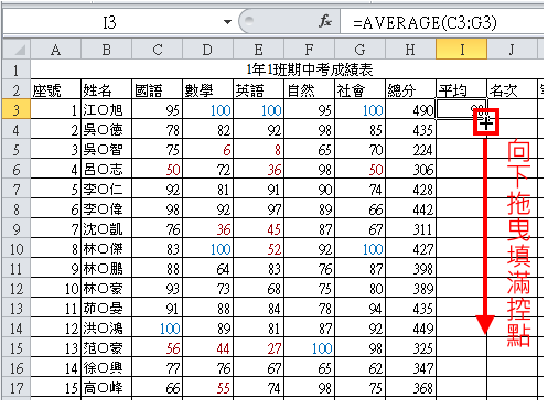 Excel 2010计算成绩的总分和平均