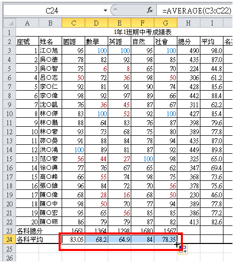 Excel 2010计算成绩的总分和平均